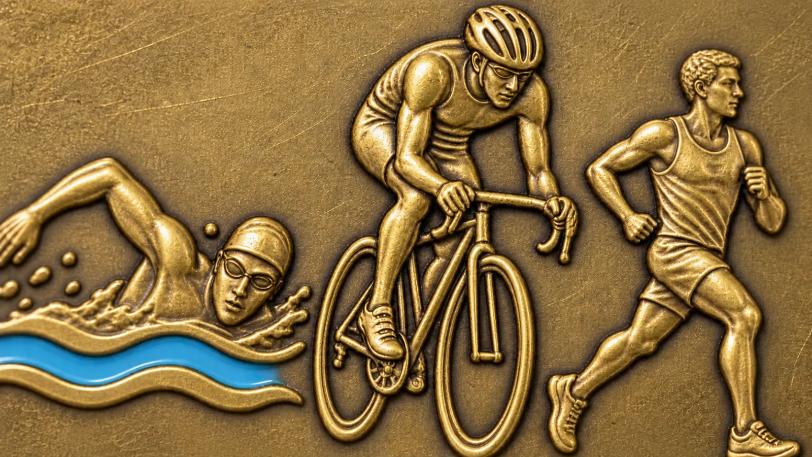 Macro of the shallow relief on a cast triathlon medal: a swimmer, a cyclist and a runner in antique gold, lit from the side