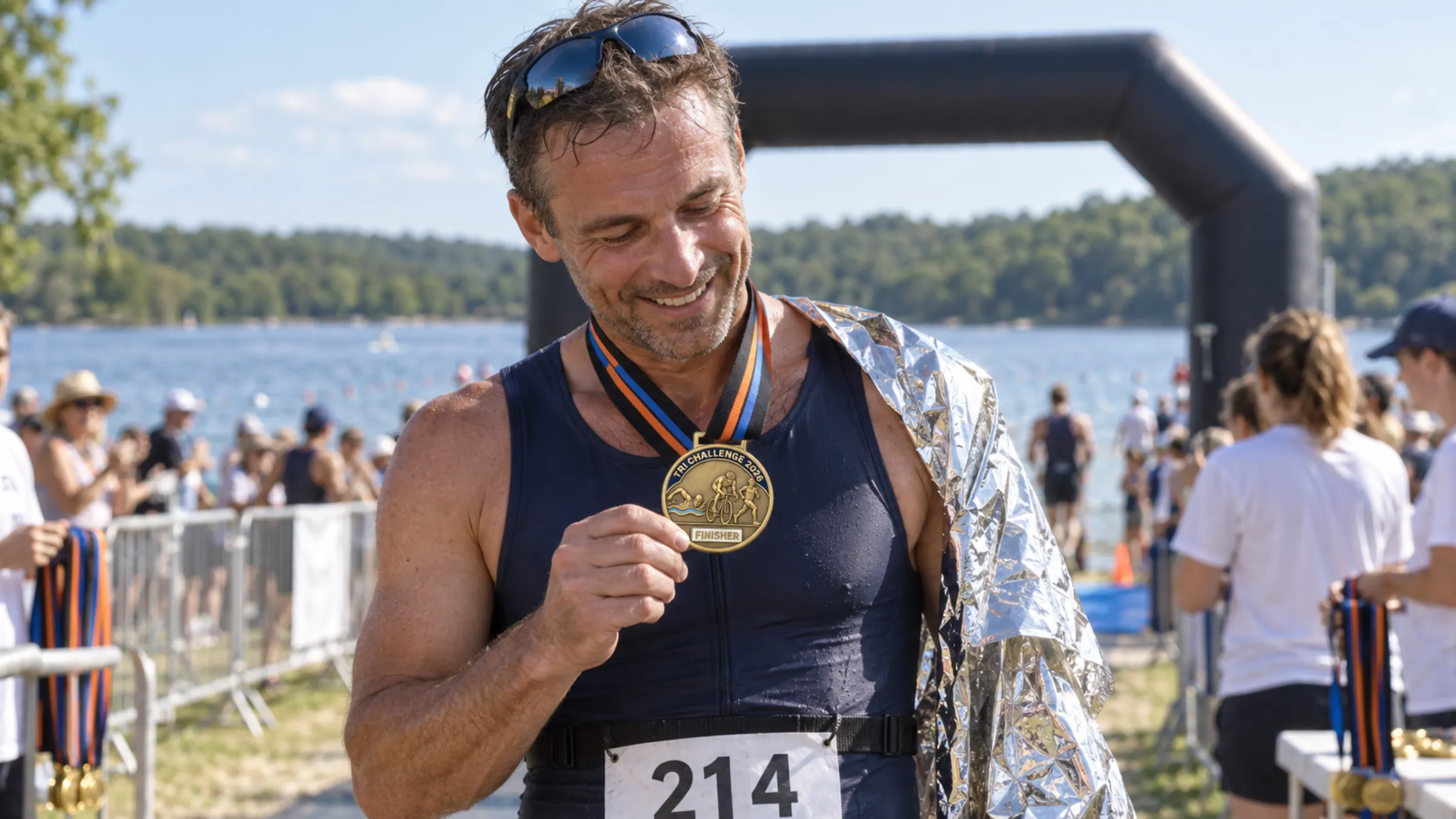 Triathlete in his 40s in a navy race suit with a race number belt and a foil blanket, smiling at the finisher medal around his neck after a lake triathlon