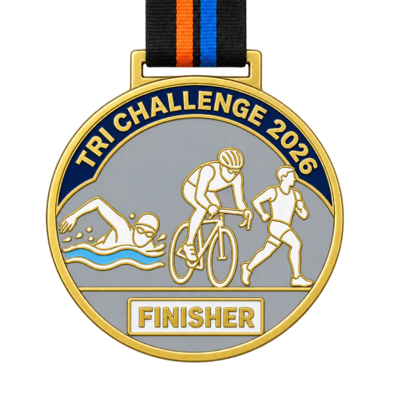 Cast 2D triathlon medal: swimmer, cyclist and runner as flat outlines filled with white enamel on grey, TRI CHALLENGE 2026 and a FINISHER plate