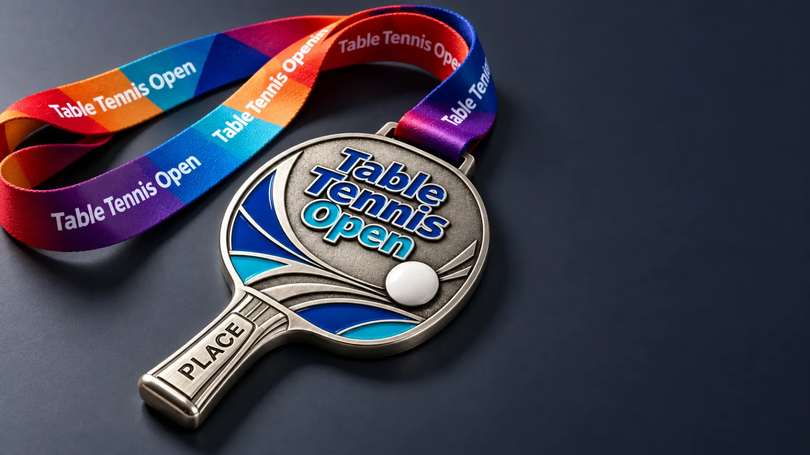 2D cast medal shaped like a table tennis bat, with a printed rainbow ribbon