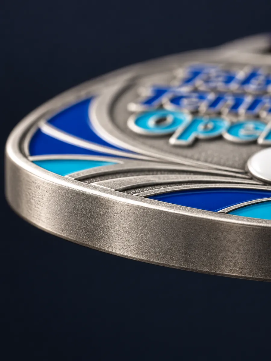 Close-up of the medal's edge showing the thickness of the cast metal