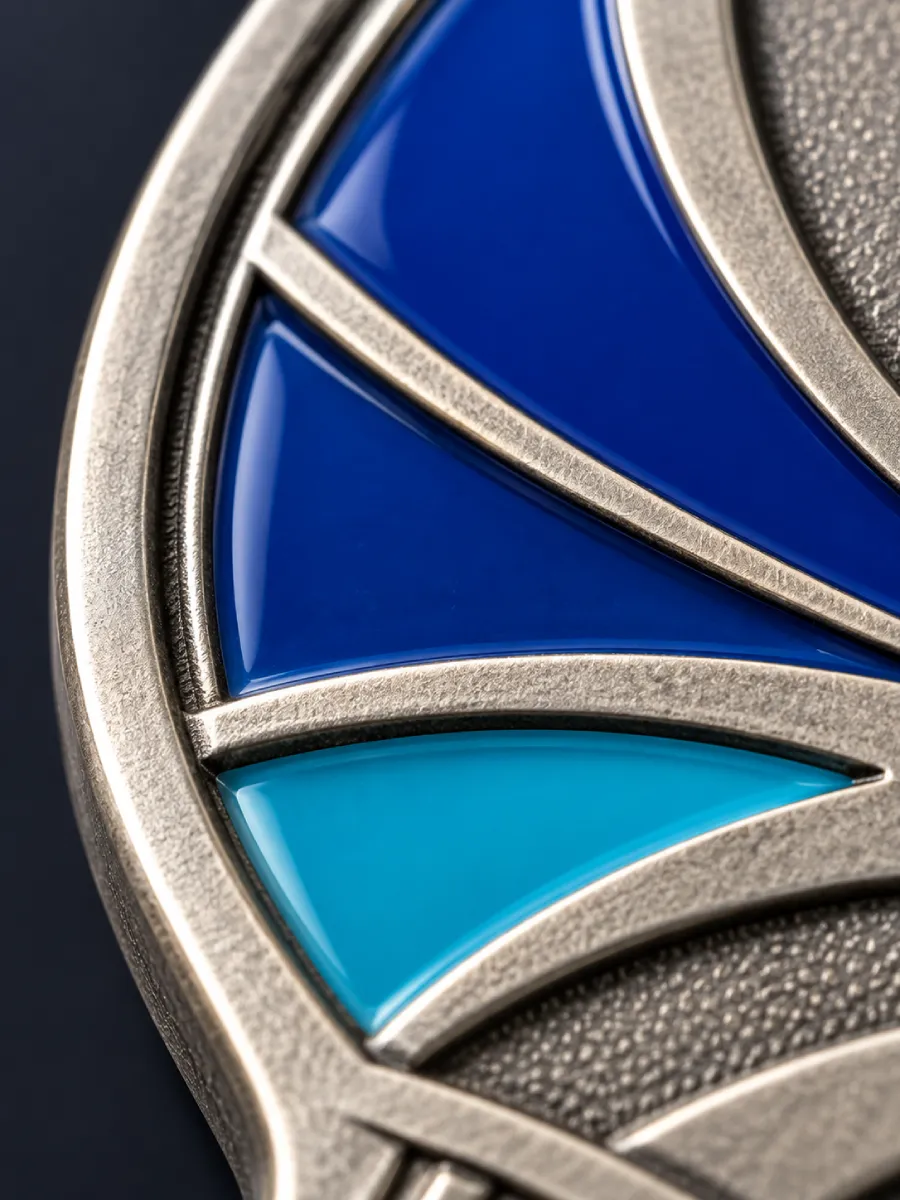 Macro of blue enamel fields separated by raised silver metal lines