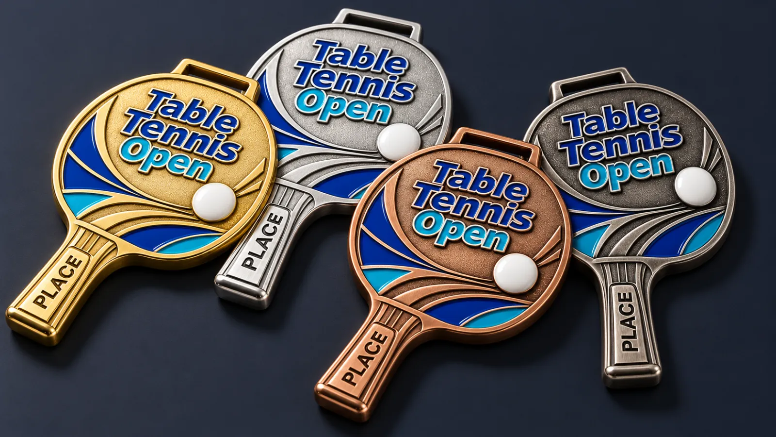 The same medal in four finishes: gold, silver, bronze and antique silver