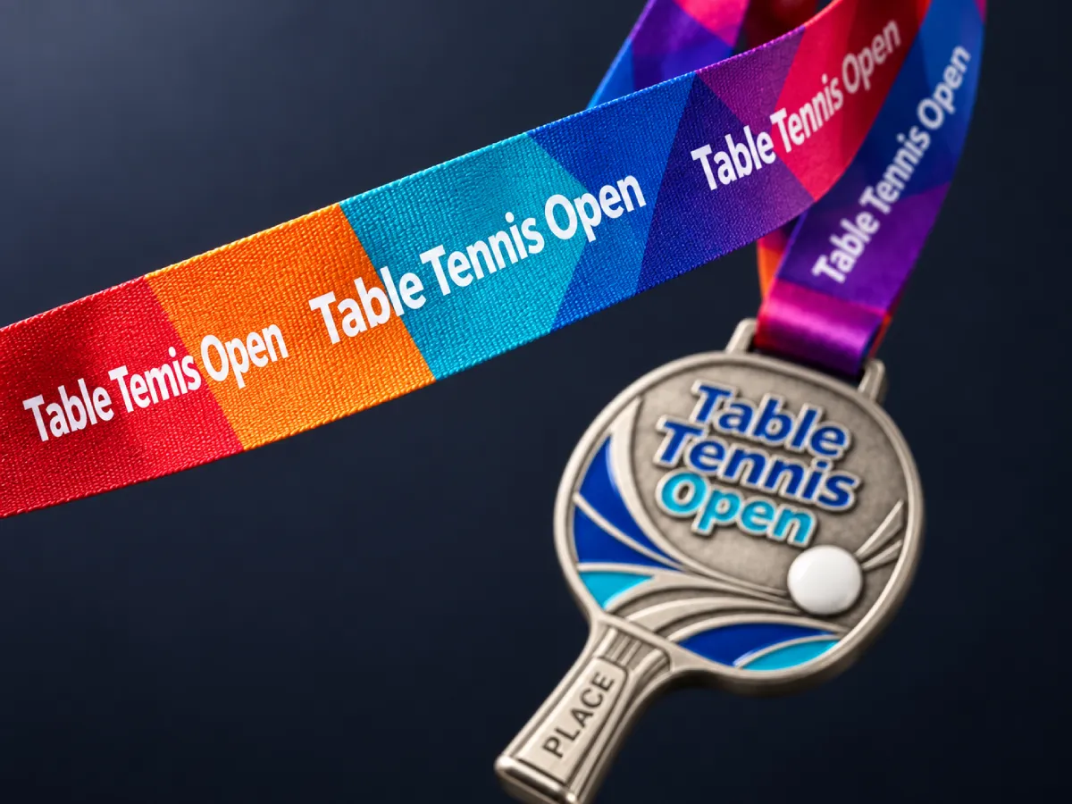 Medal hanging from a full-colour printed ribbon, close-up of the weave