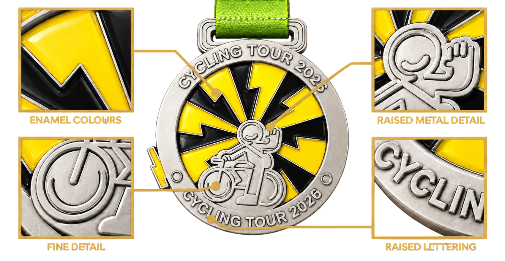 Close-ups of a 2D medal: enamel colours, raised metal detail, fine detail and raised lettering