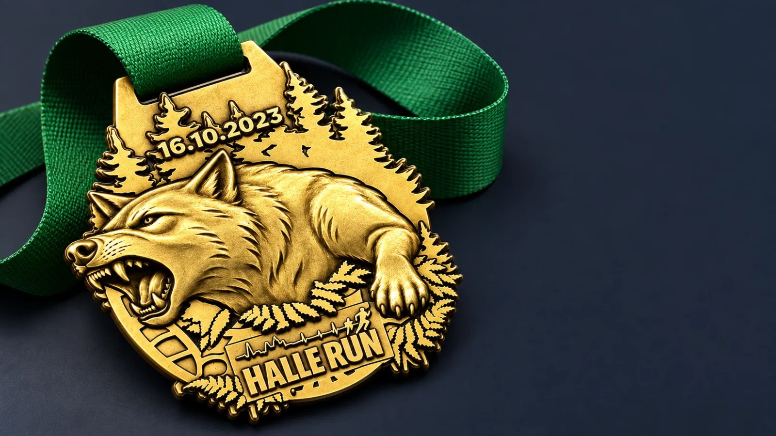 Cast 3D medal with a wolf relief and a green ribbon, raking light showing the depth of the sculpting