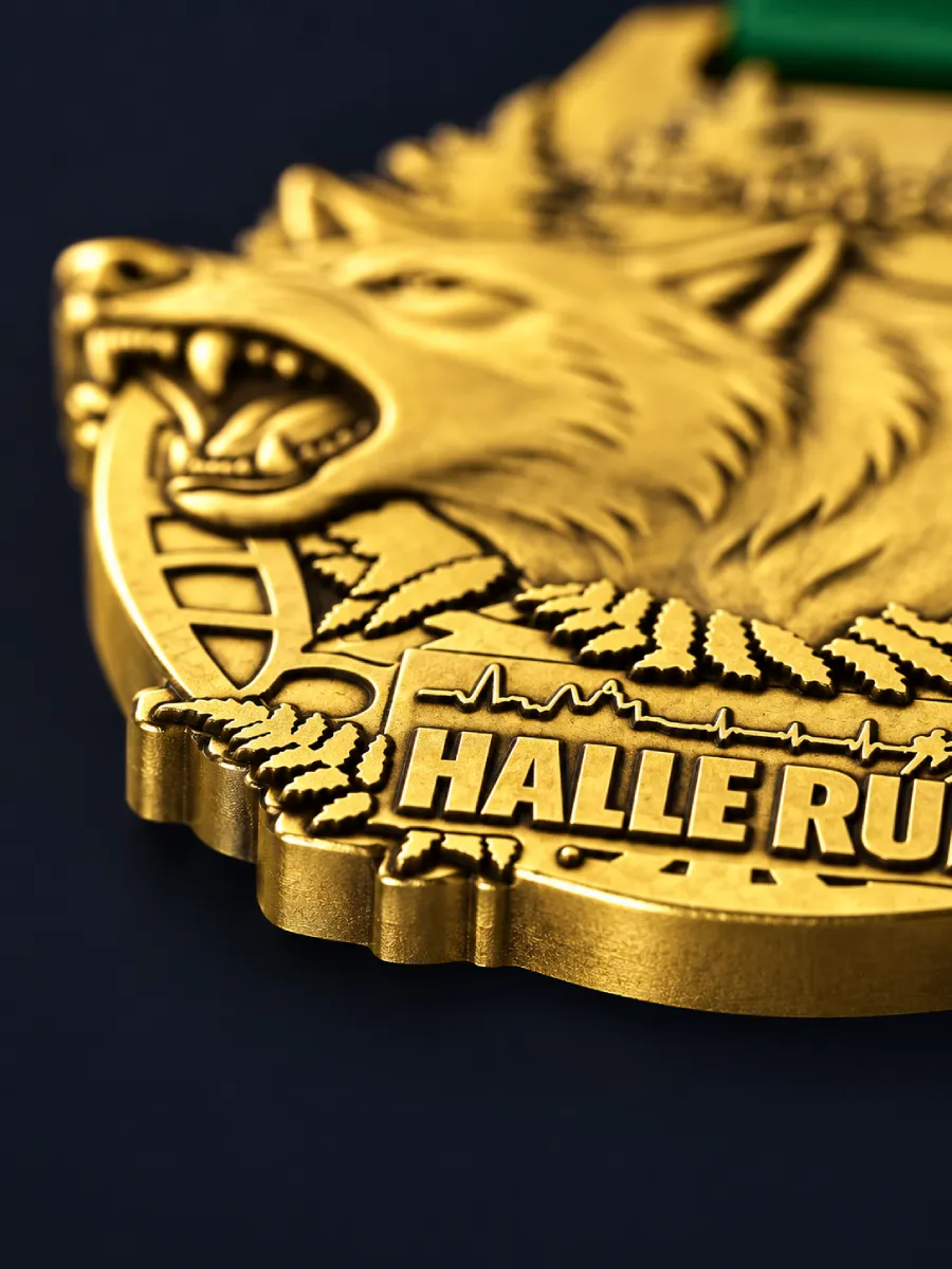 Close-up of the medal's edge showing the thickness of the cast metal