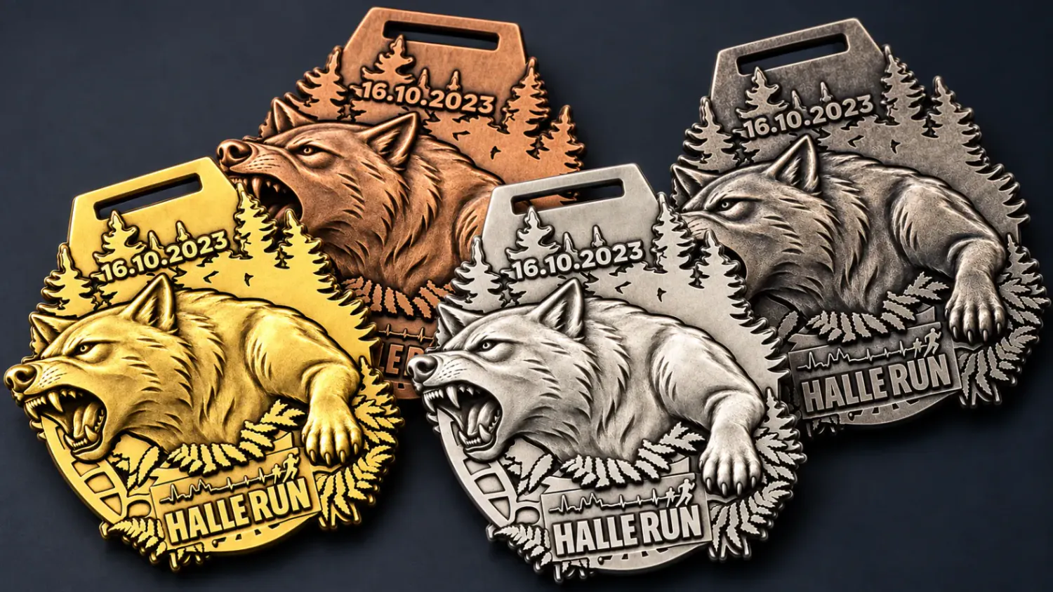 The same medal in four platings: gold, bronze, silver and antique silver