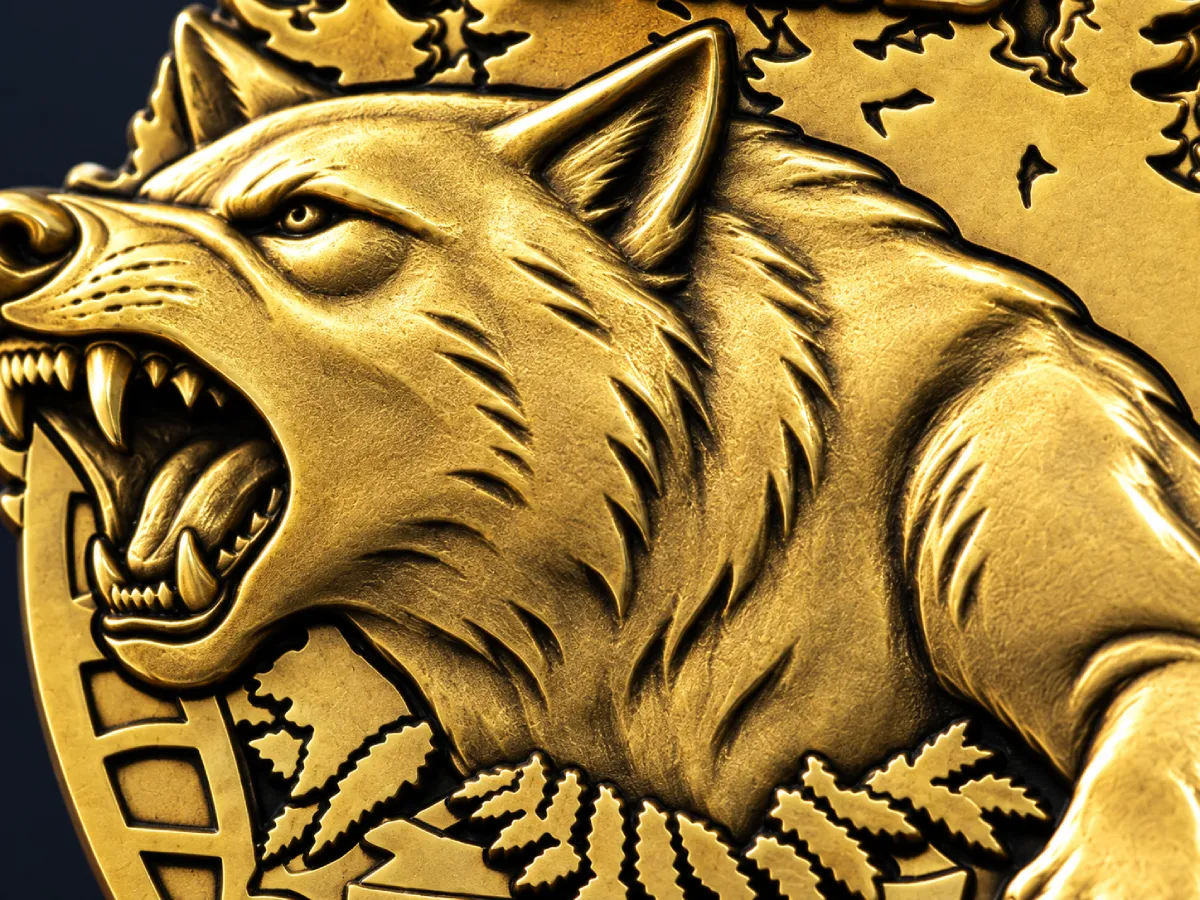 Macro of the sculpted wolf relief, with the antique finish sitting dark in the recesses