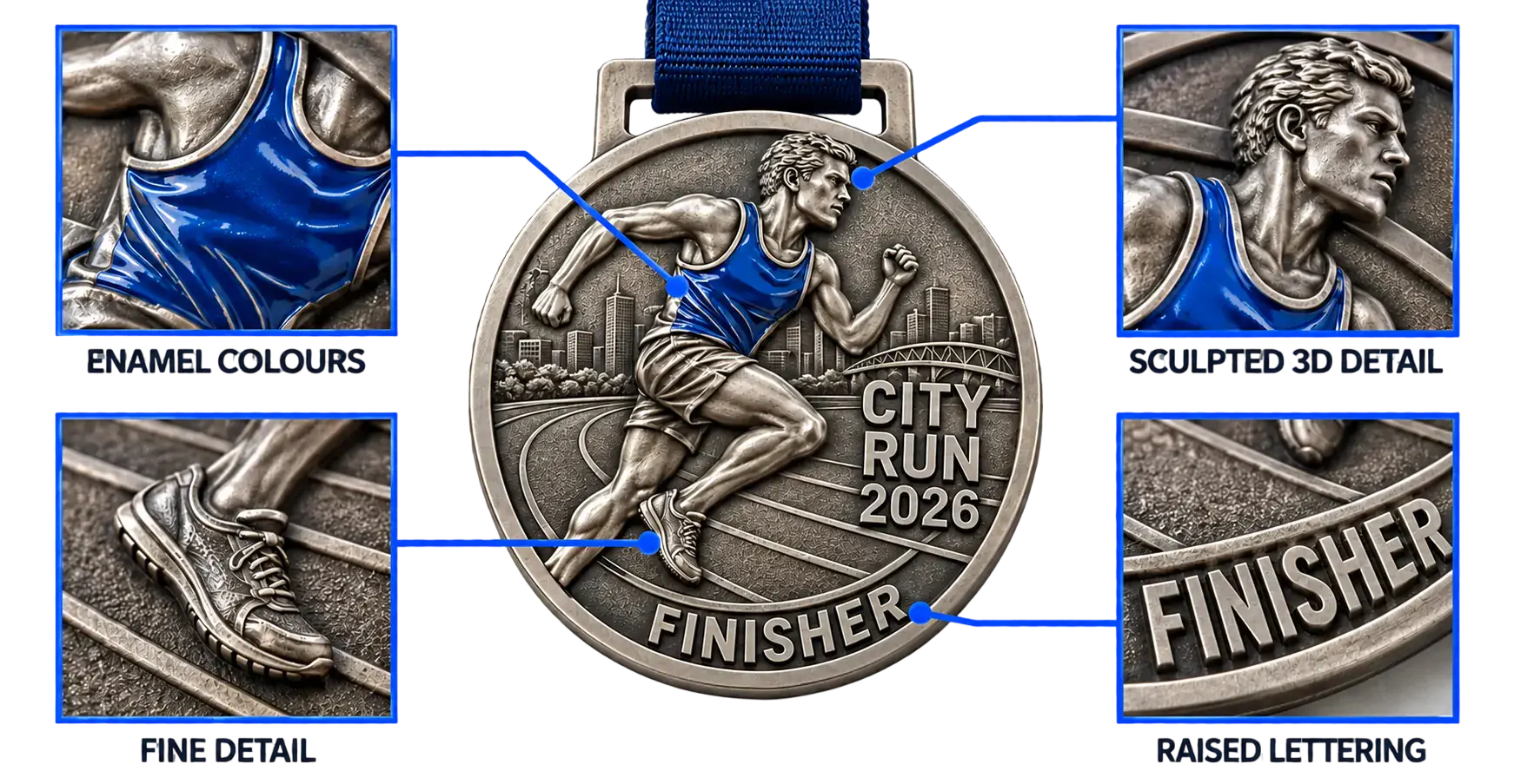 Close-ups of a 3D medal: enamel colours, sculpted 3D detail, fine detail and raised lettering