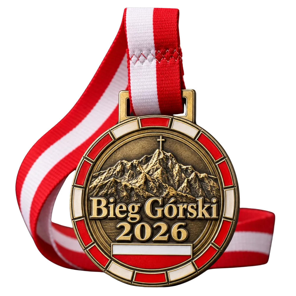 3D cast medal for a mountain run, with a sculpted mountain ridge and a red and white ribbon