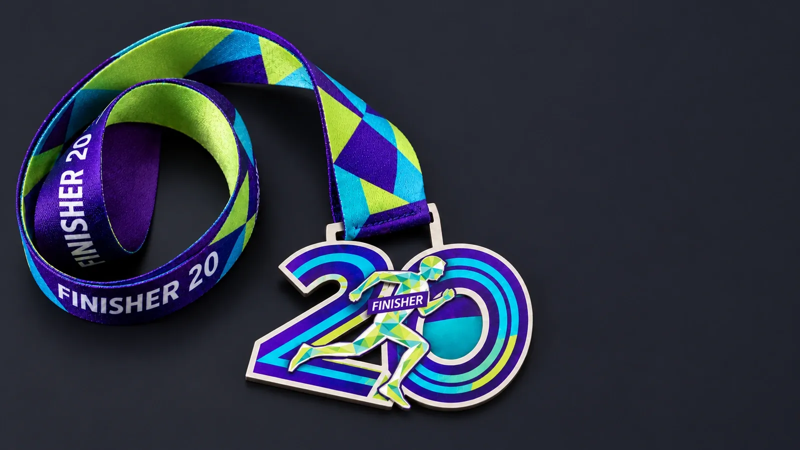 Laser-cut steel medal shaped like the number 20 with a running figure, full-colour print and a printed ribbon