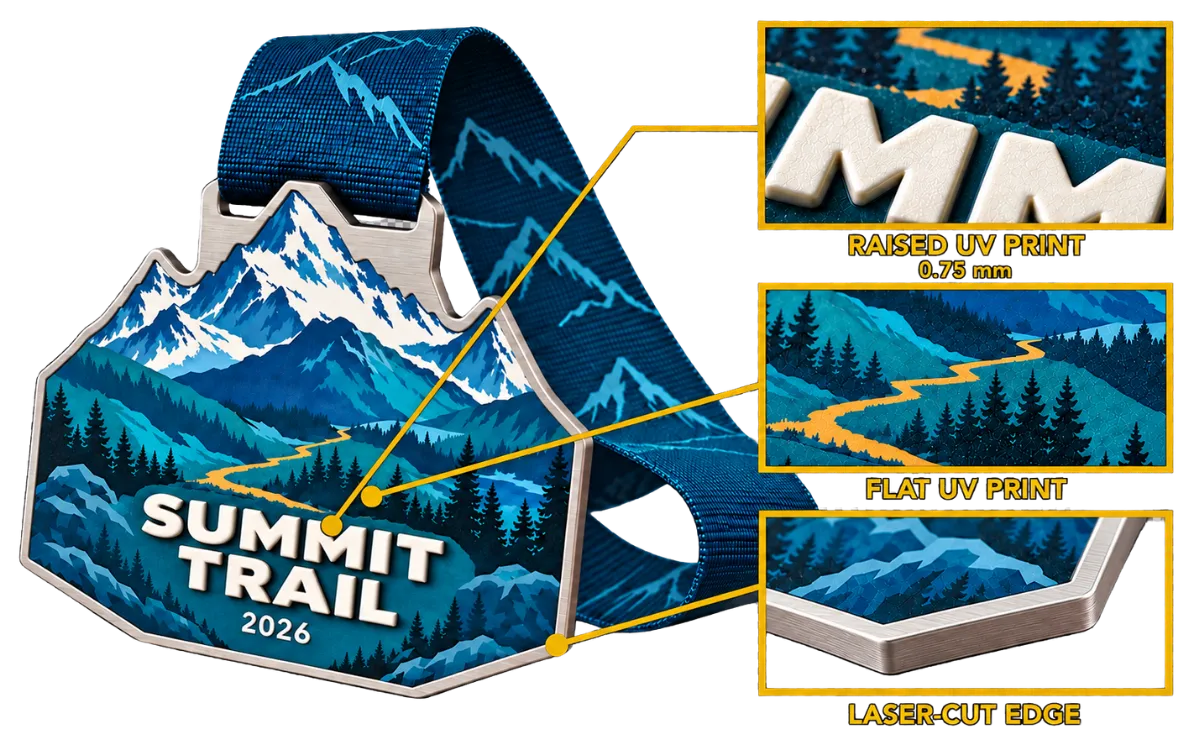 Close-ups of a printed steel medal: raised UV print 0.75 mm, flat UV print and laser-cut edge