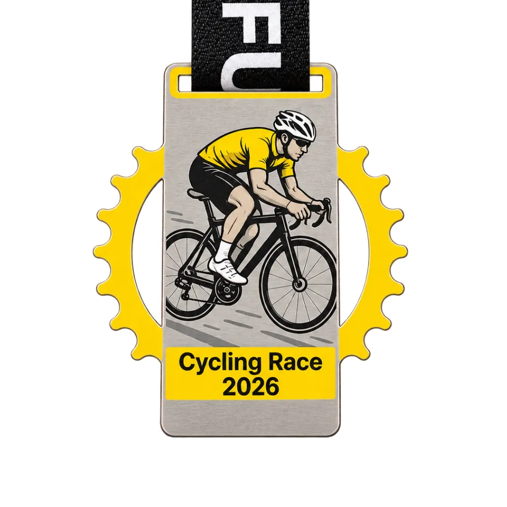 Printed steel cycling medal: a full-colour rider on brushed steel inside a laser-cut yellow chainring