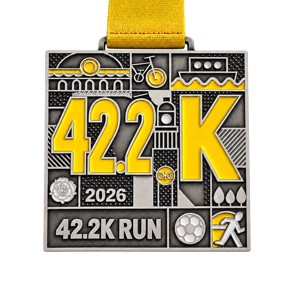 Square cast marathon medal in antique silver with 42.2K in yellow enamel and a printed yellow ribbon