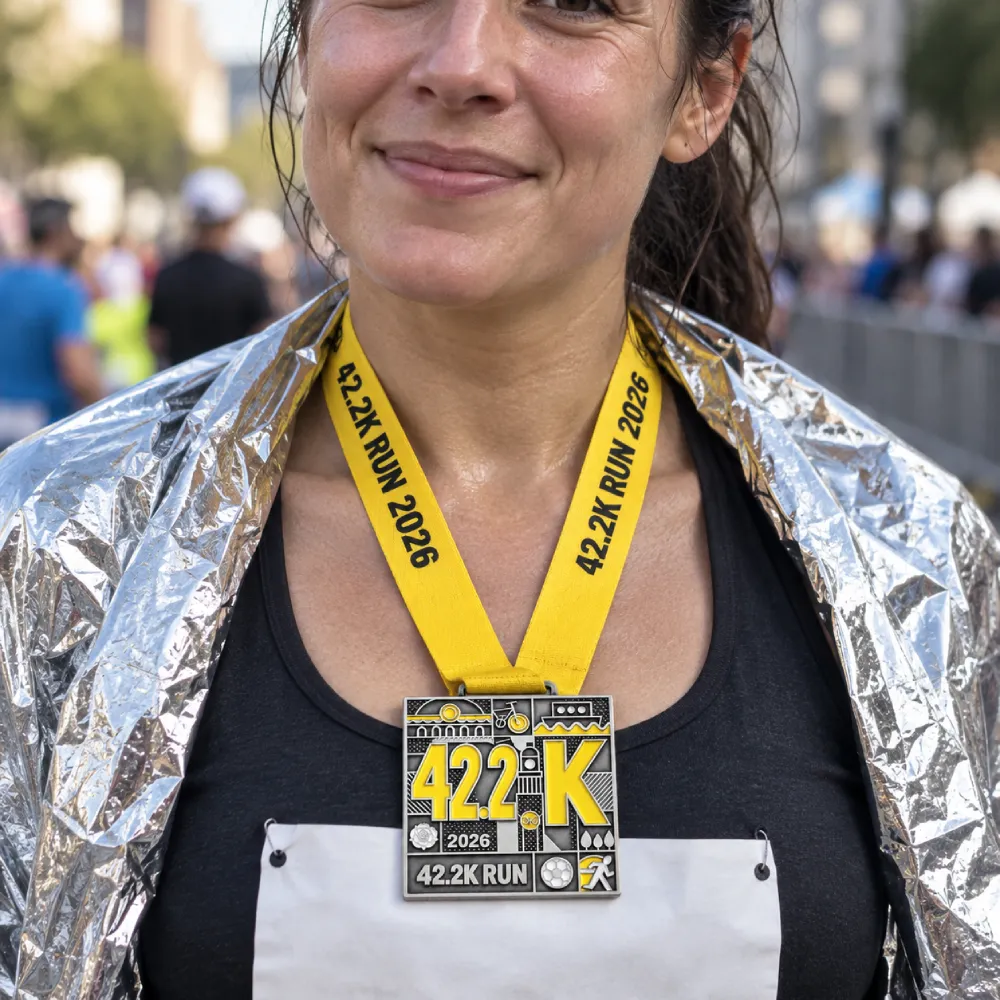 42.2K city run — square finisher medal — worn at the event