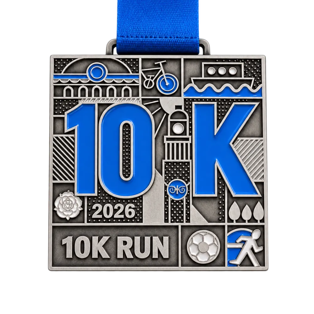 Square cast 10K medal in antique silver with the distance in blue enamel and a blue printed ribbon