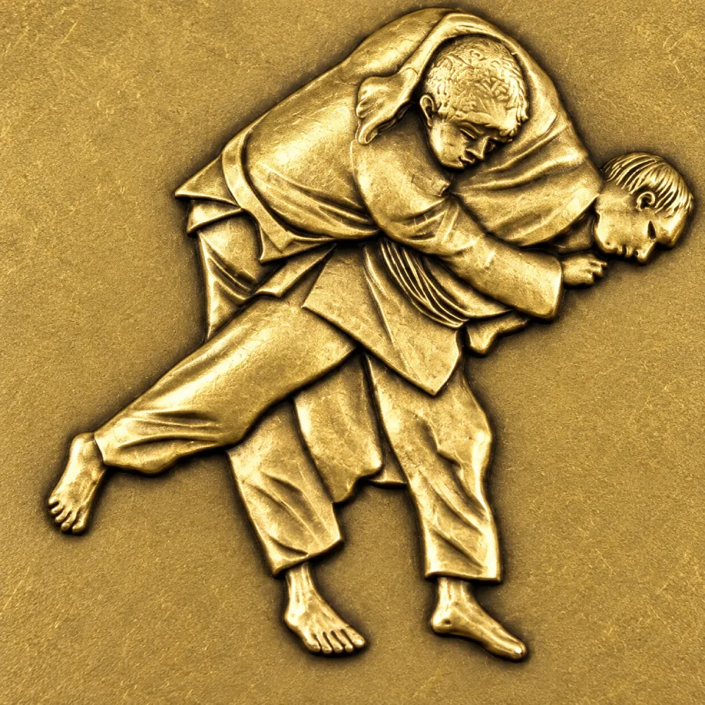 Judo cup — the throw in relief — close-up of the centre design