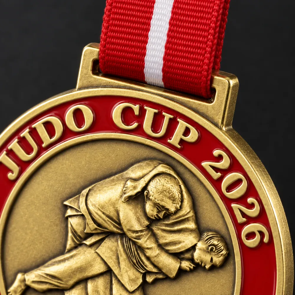 Judo cup — the throw in relief — close-up of the enamel and the ribbon loop