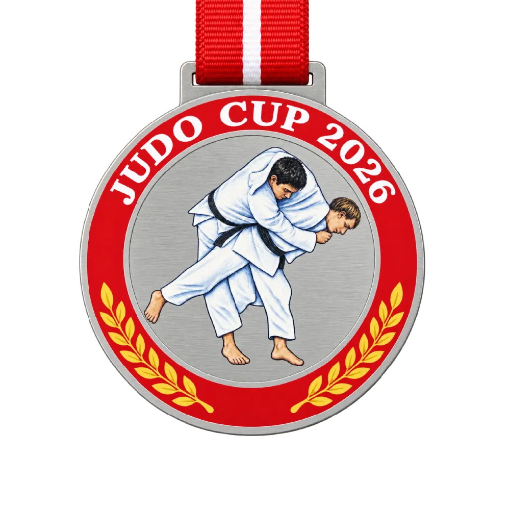 Printed steel judo medal: the same throw in full colour on brushed steel with a red printed ring