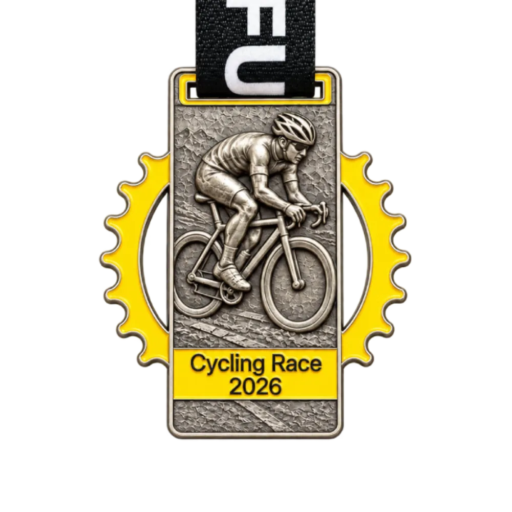 Cast cycling medal: a sculpted rider on a rectangular plate set inside a yellow enamel chainring, on a black printed ribbon