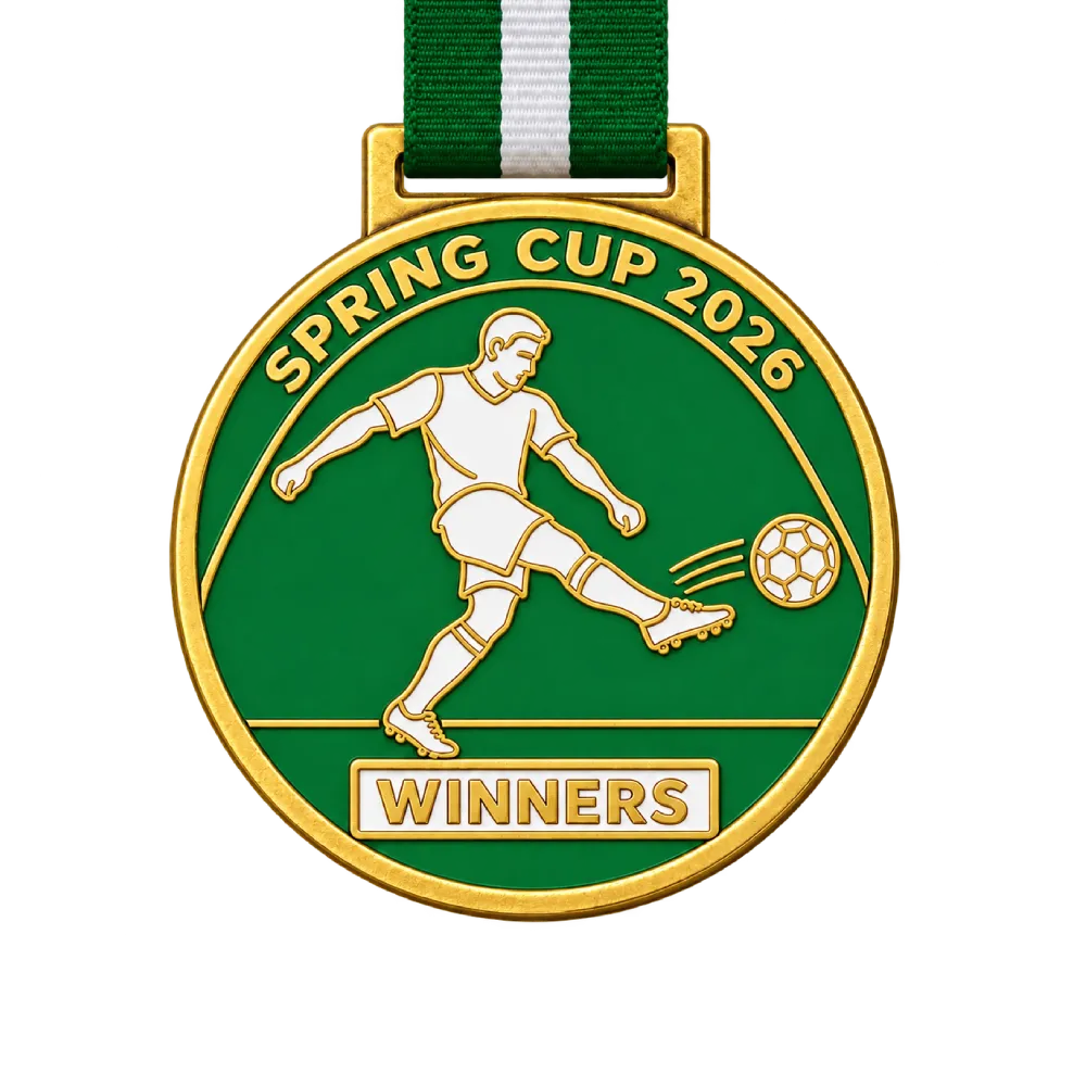 Flat cast football medal: a striker drawn in gold outlines on green and white enamel