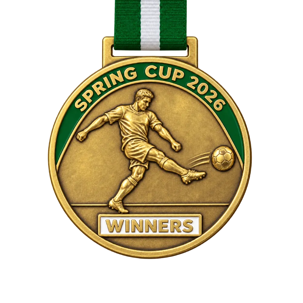Gold cast football medal: a striker mid-shot in relief, a green enamel arc with the tournament name and a white WINNERS plate