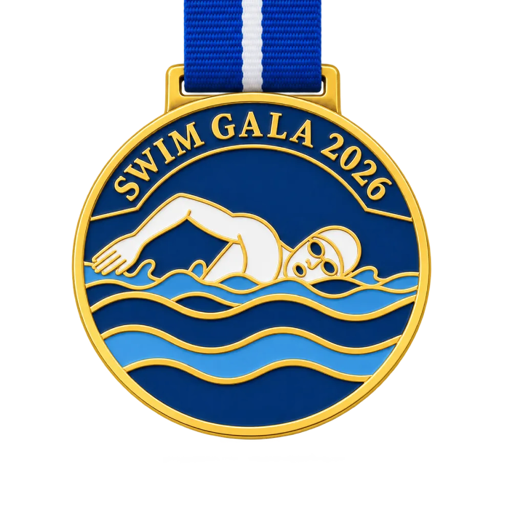 Flat cast swimming medal: gold outlines holding navy, blue and white enamel fields around a swimmer