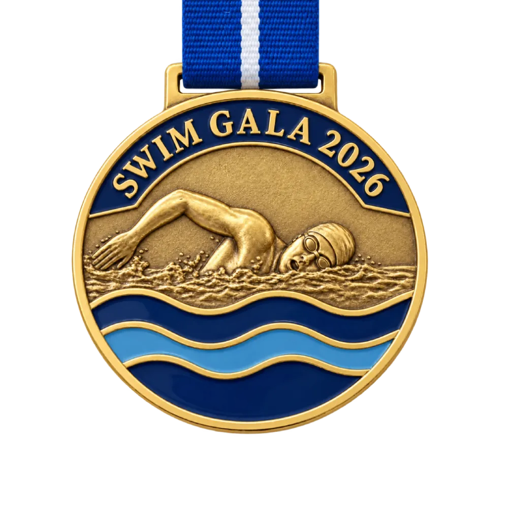 Gold cast swimming medal: front crawl in relief above three enamel waves in navy and light blue