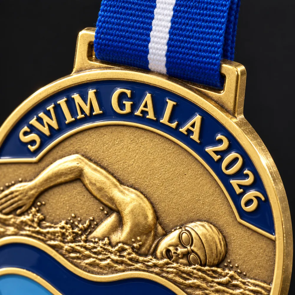 Swim gala — waves cast under the swimmer — close-up of the enamel and the ribbon loop