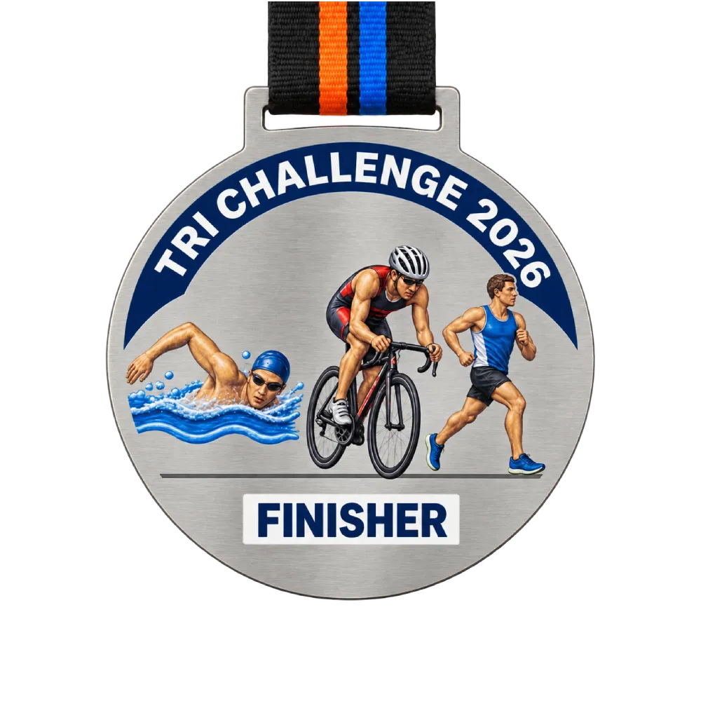 Printed steel triathlon medal: three athletes in full colour on brushed steel under a printed navy arc